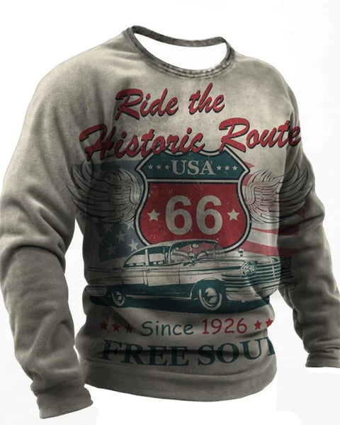 Vintage Men Route 66 Print Long Sleeve Tops Outdoor Biker T Shirt