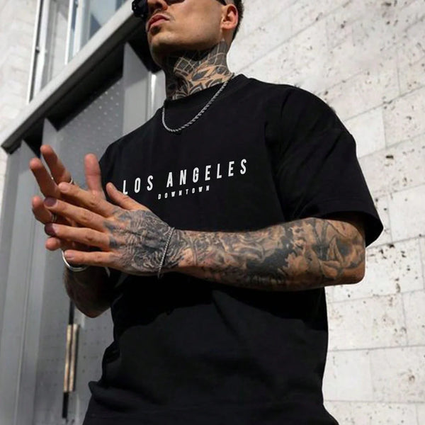 Summer men's 100% cotton comfortable casual loose oversized creative Los Angeles print sports round neck short sleeved T-shirt