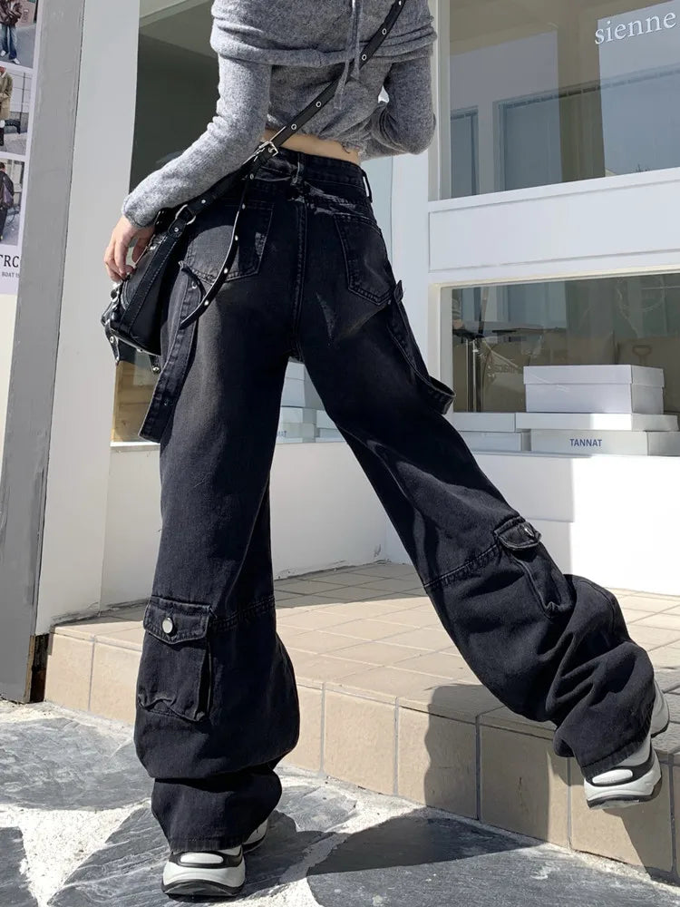 Streetwear  Multi Pockets Black Baggy Cargo Jeans