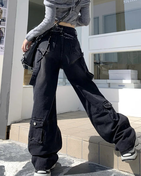 Streetwear  Multi Pockets Black Baggy Cargo Jeans