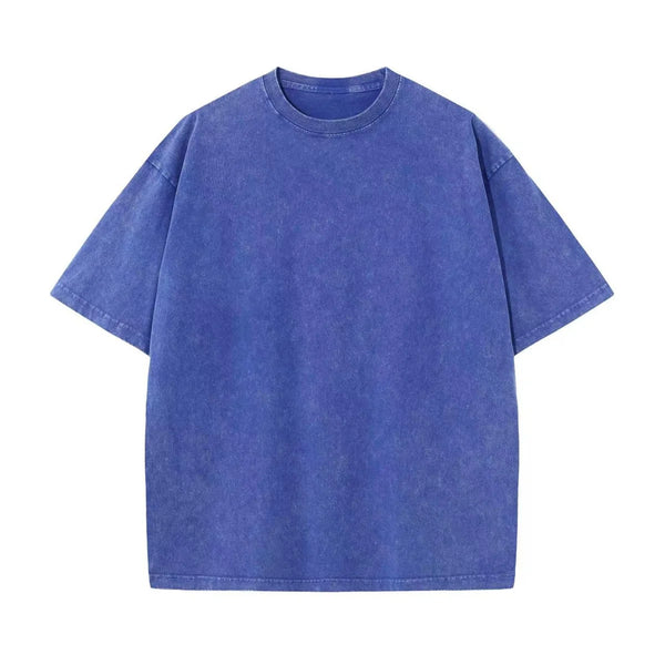 Loose Plus Size Blue 100% Cotton Off Shoulder Wash To Make Old High-quality Solid Color Simple Men's T-shirt