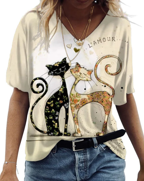 Cute Cats Graphics Print Short Sleeve Fashion Casual Tees