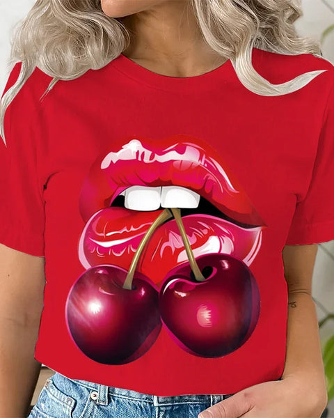 Summer Clothing LIPS CHERRY Print T-Shirts Short Sleeve Ladies Casual Women Fashion Graphic Tee