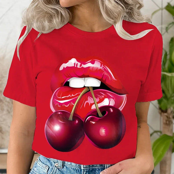 Summer Clothing LIPS CHERRY Print T-Shirts Short Sleeve Ladies Casual Women Fashion Graphic Tee