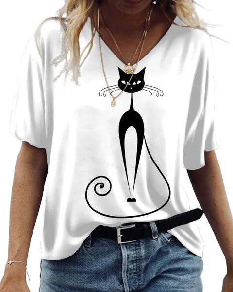 Cute Cats Graphics Print Short Sleeve Fashion Casual Tees