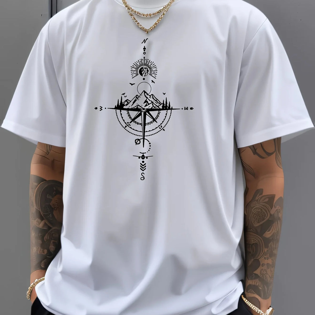 Summer men's 100% pure cotton casual sports loose oversized retro compass printed comfortable round neck short sleeved T-shirt