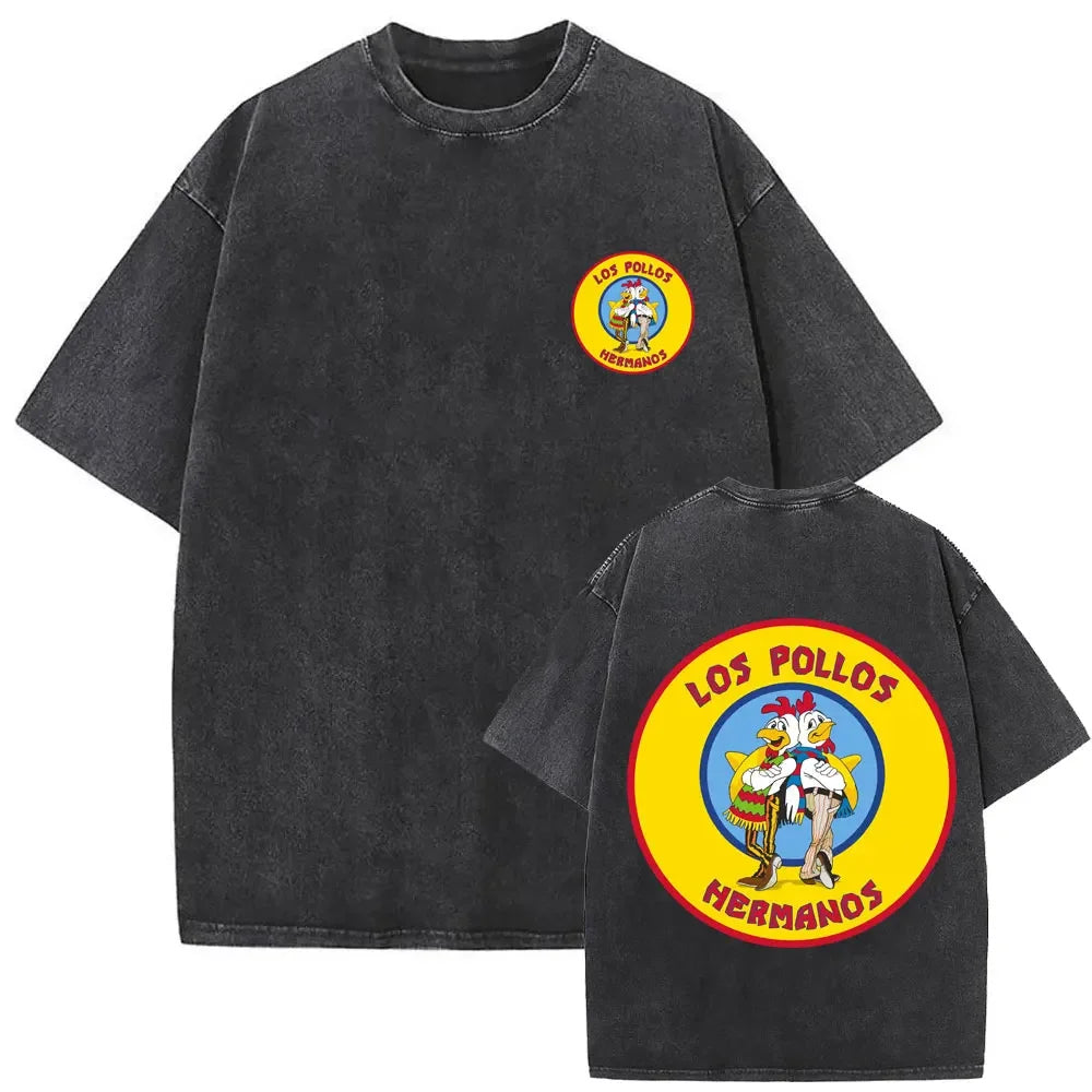 Summer men's and women's fashion water wash vintage retro Los Pollos Hermanos chicken pattern T-shirt casual loose top