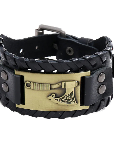 Trendy Wide Edition Leather Woven Rune Viking Tomahawk Bracelet