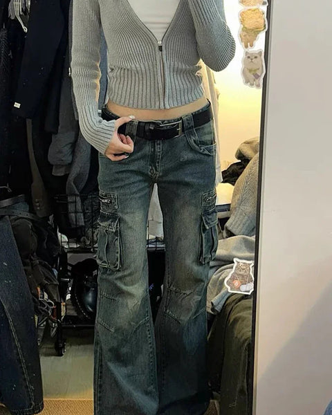 Women Cargo Pants  Big Pocket Casual Mopping Denim Loose Jeans