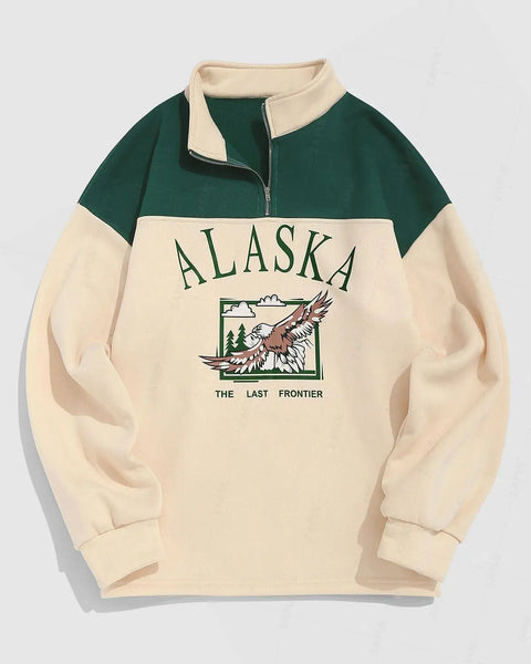 ZAFUL Streetwear Vintage ALASKA Graphic Eagle Printed Colorblock Fleece Quarter Zip Sweatshirt