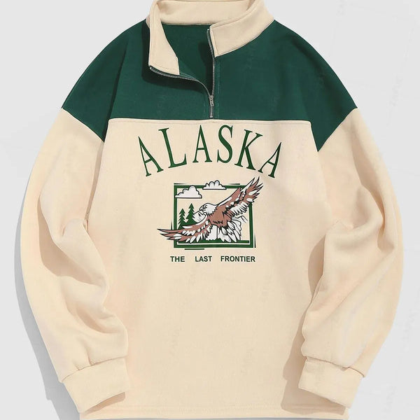 ZAFUL Streetwear Vintage ALASKA Graphic Eagle Printed Colorblock Fleece Quarter Zip Sweatshirt