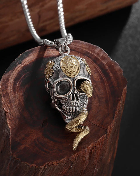 Vintage Gothic Snake Coiled Demon Skull Pendant Necklace