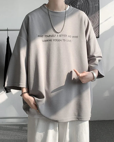 Loose Ice Silk Men's T-shirt Short Sleeve Oversize Feeling Five-Quarter Sleeve Fashionable Casual Summer Crew Neck Top