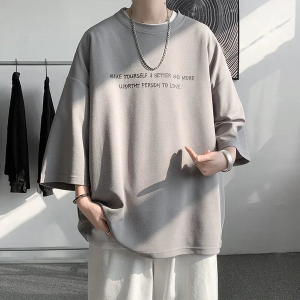 Loose Ice Silk Men's T-shirt Short Sleeve Oversize Feeling Five-Quarter Sleeve Fashionable Casual Summer Crew Neck Top