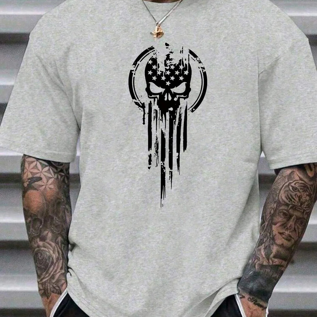 Men's 100% cotton summer fashion casual loose fit oversized Skull pattern printed sports round neck short sleeved T-shirt top