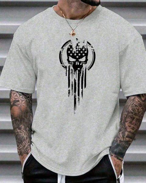 Men's 100% cotton summer fashion casual loose fit oversized Skull pattern printed sports round neck short sleeved T-shirt top