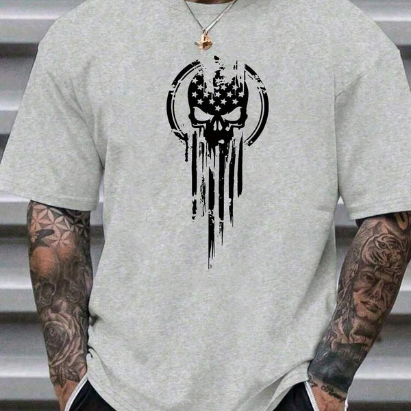 Men's 100% cotton summer fashion casual loose fit oversized Skull pattern printed sports round neck short sleeved T-shirt top