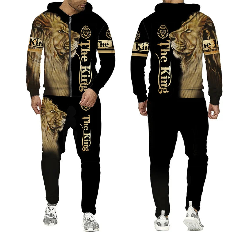 Winter Men's Tracksuit 3D The Lion Print Zipper Hoodies