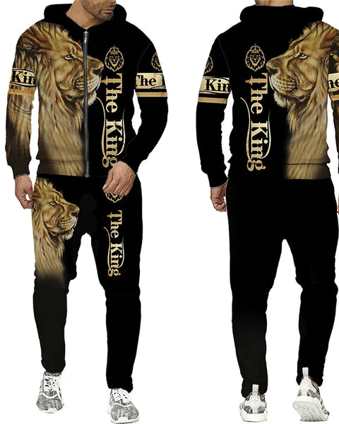 Winter Men's Tracksuit 3D The Lion Print Zipper Hoodies