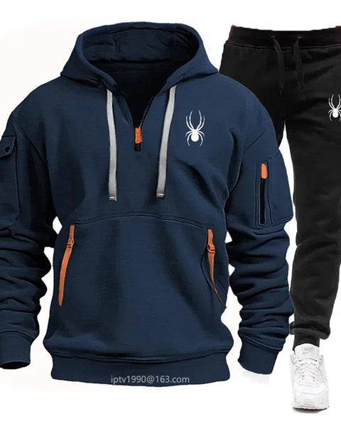 Winter men's multi-pocket zipper hoodie + sweatpants jogging clothing set