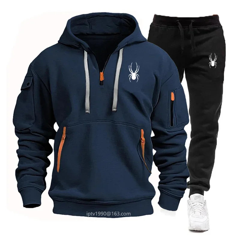 Winter men's multi-pocket zipper hoodie + sweatpants jogging clothing set