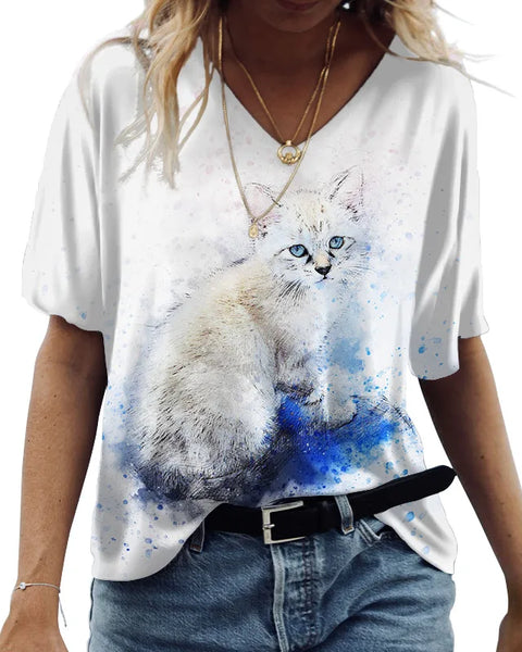 Cute Cats Graphics Print Short Sleeve Fashion Casual Tees