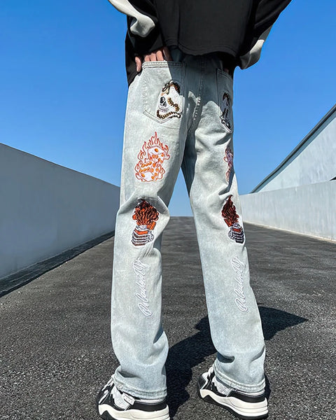 Streetwear Y2k Skull Print Flare Jeans Men Hip Hop Straight Fashion Baggy Denim Pants Wide Leg Techwear Casual Long Trousers