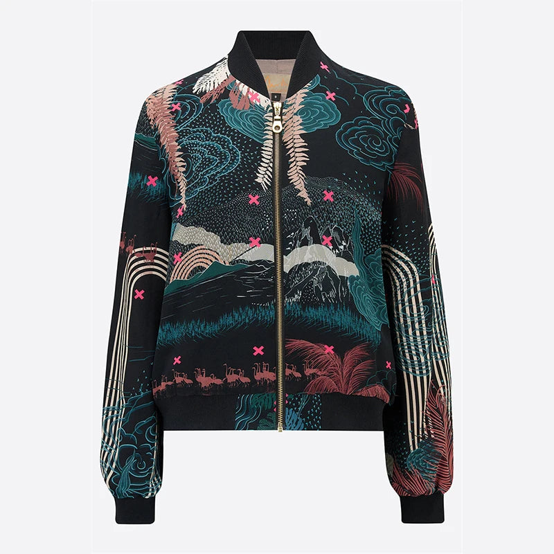 Luxury Retro Print Men's Jacket Black Flower Streetwear Zipper