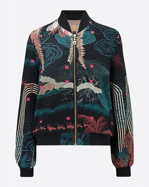 Luxury Retro Print Men's Jacket Black Flower Streetwear Zipper