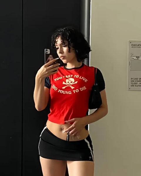 Skull Print Women Vintage Harajuku Short Tops Grunge Slim T Shirts Goth Baby Tees E-girl Crop Tops Y2K Clothes streetwear