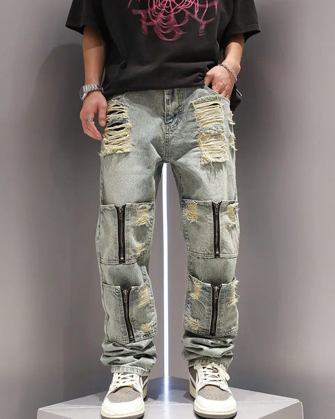 y2k Multi Zipper Pocket Washed and Perforated Jeans for Men American Streetwear  Straight Leg Retro Casual Pants