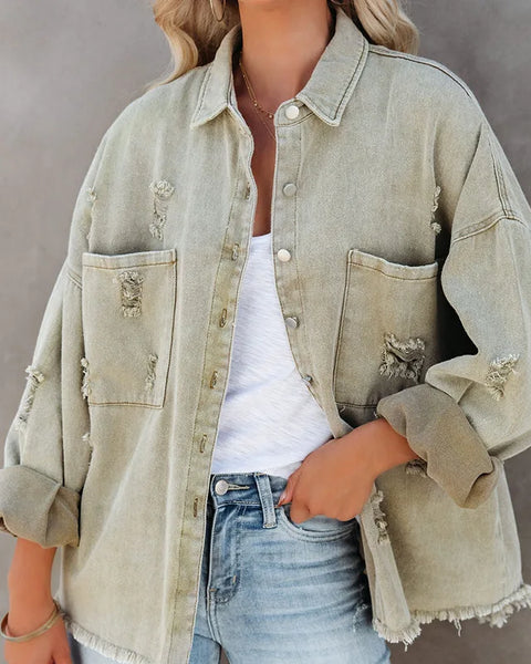 Women Fashion Ripped Denim Jacket Turn Down Collar Long Sleeve