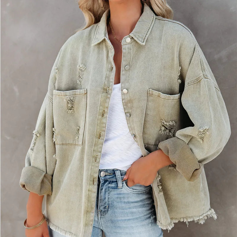 Women Fashion Ripped Denim Jacket Turn Down Collar Long Sleeve