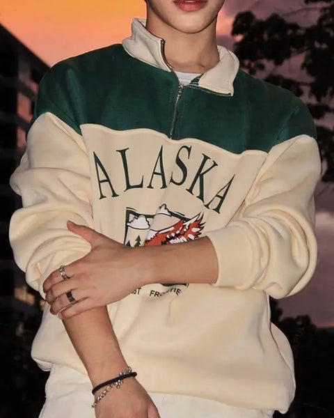 ZAFUL Streetwear Vintage ALASKA Graphic Eagle Printed Colorblock Fleece Quarter Zip Sweatshirt