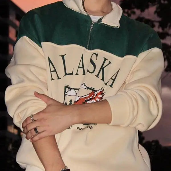 ZAFUL Streetwear Vintage ALASKA Graphic Eagle Printed Colorblock Fleece Quarter Zip Sweatshirt