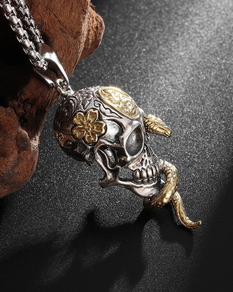 Vintage Gothic Snake Coiled Demon Skull Pendant Necklace