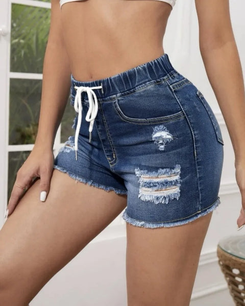 Summer New Women Elastic Waist Ripped Denim Shorts Fashion High Stretch