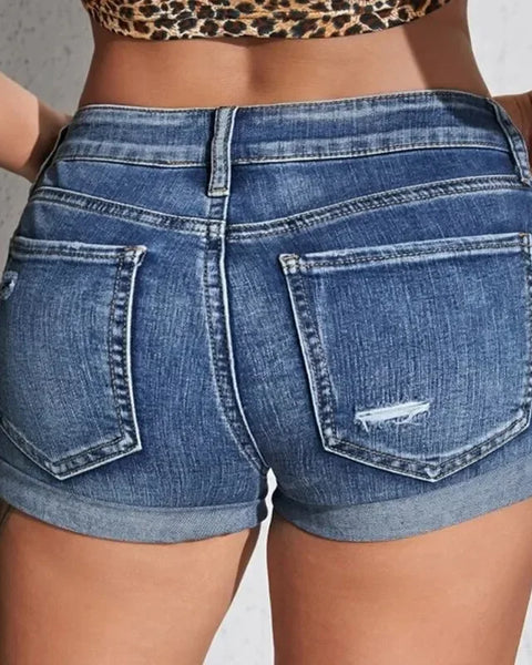 Women's Split Denim Shorts Summer Beach Wild Fashion  Perforated Elastic Slim Fit Casual Shorts