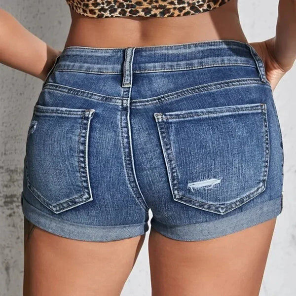 Women's Split Denim Shorts Summer Beach Wild Fashion  Perforated Elastic Slim Fit Casual Shorts