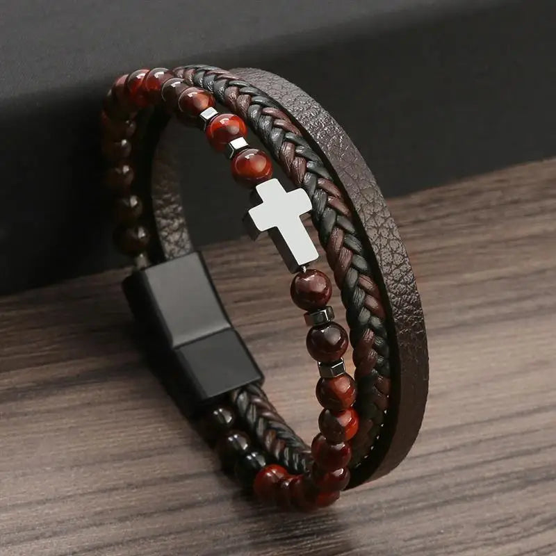 Vintage Men's Leather Bracelet Hand-Woven Multilayer Leather