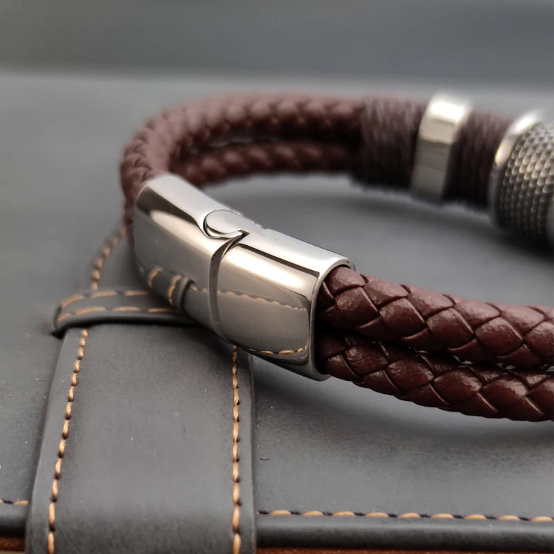 Luxury Vintage Multilayer Brown Leather Stainless Steel  Men Bracelet