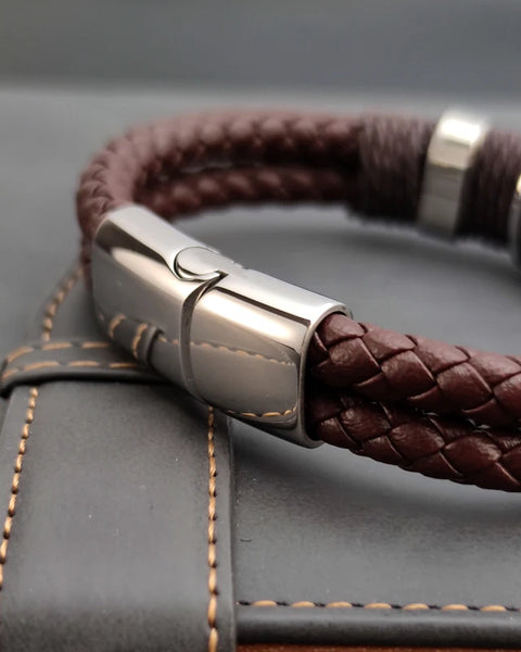 Luxury Vintage Multilayer Brown Leather Stainless Steel  Men Bracelet