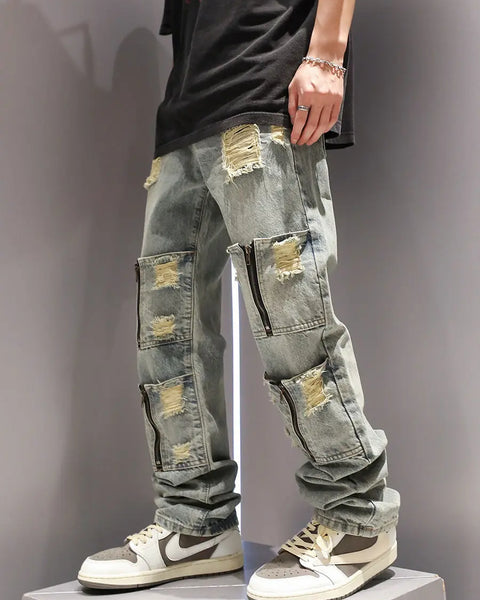 y2k Multi Zipper Pocket Washed and Perforated Jeans for Men American Streetwear  Straight Leg Retro Casual Pants