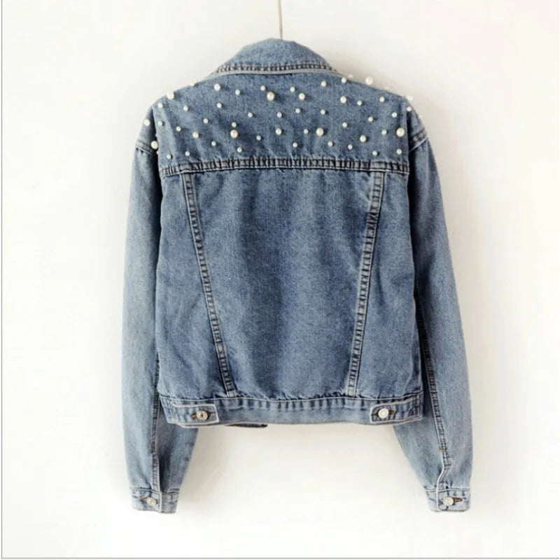 Women's Short Denim Jacket Beaded Pearl Jacket