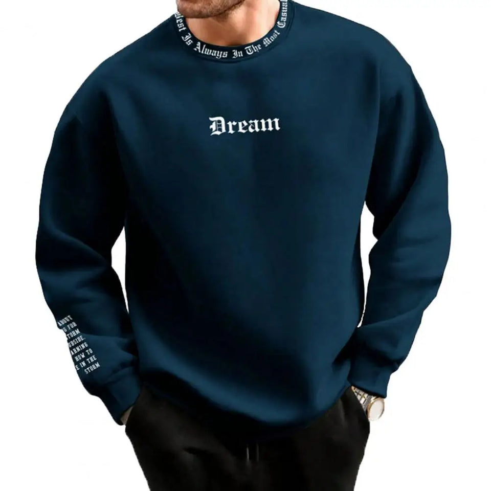 Men Fall Winter Sweatshirt Round Neck Long Sleeve Men Top Letter Print Thick Loose Warm Mid Length Men Casual Top