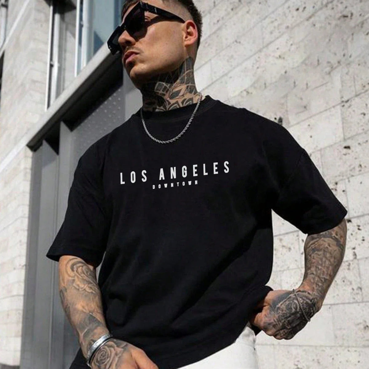 Summer men's 100% cotton comfortable casual loose oversized creative Los Angeles print sports round neck short sleeved T-shirt