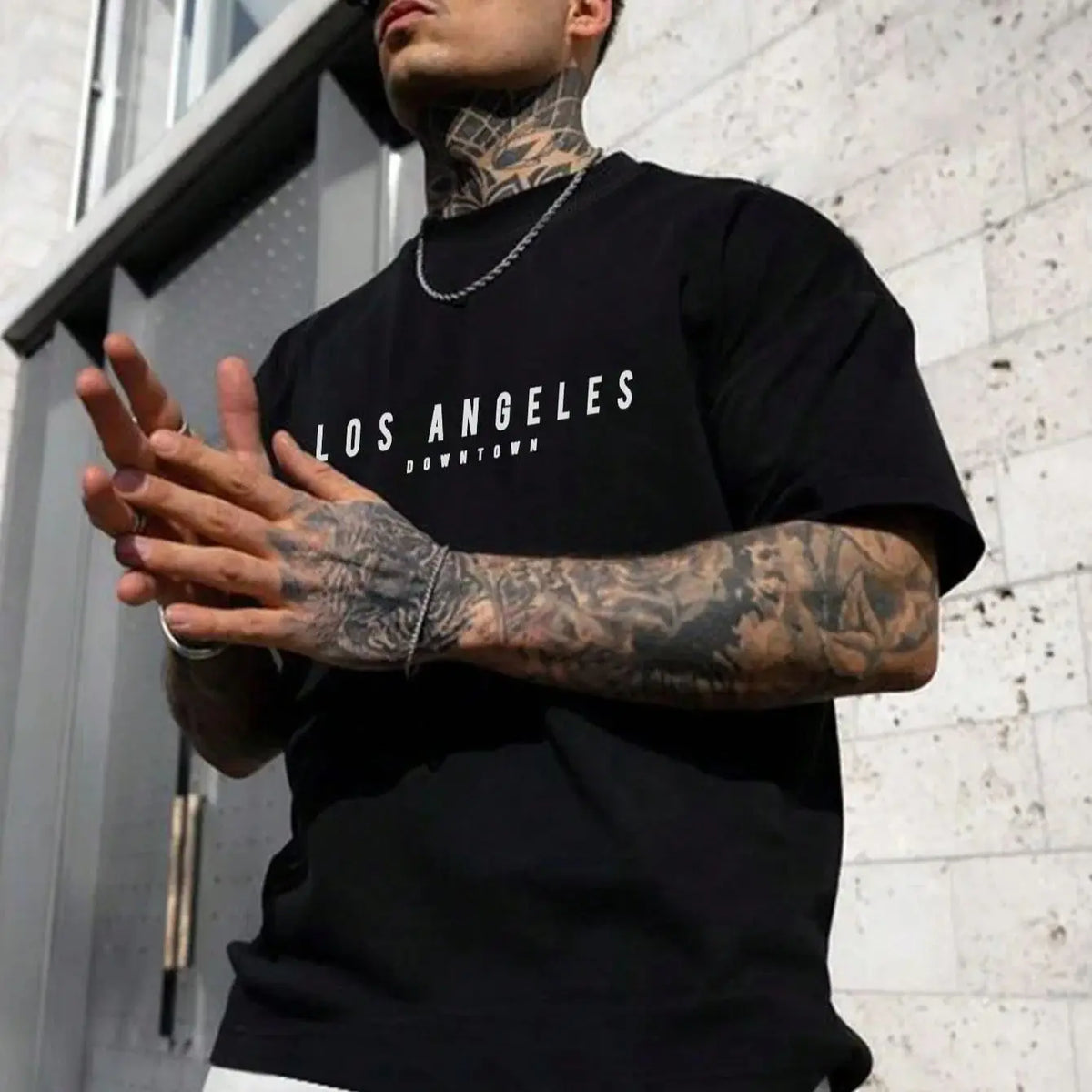Summer men's 100% cotton comfortable casual loose oversized creative Los Angeles print sports round neck short sleeved T-shirt