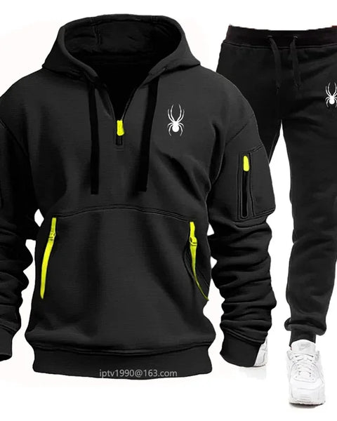 Winter men's multi-pocket zipper hoodie + sweatpants jogging clothing set