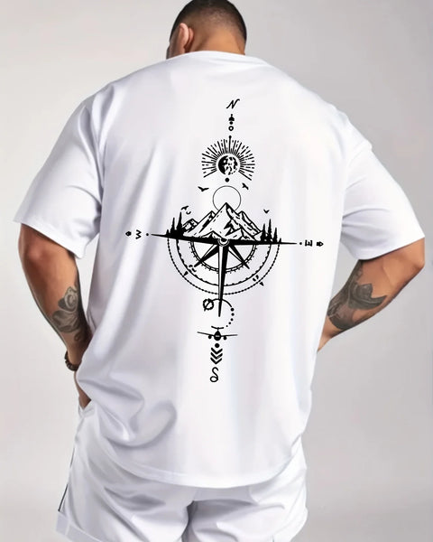 Summer men's 100% pure cotton casual sports loose oversized retro compass printed comfortable round neck short sleeved T-shirt