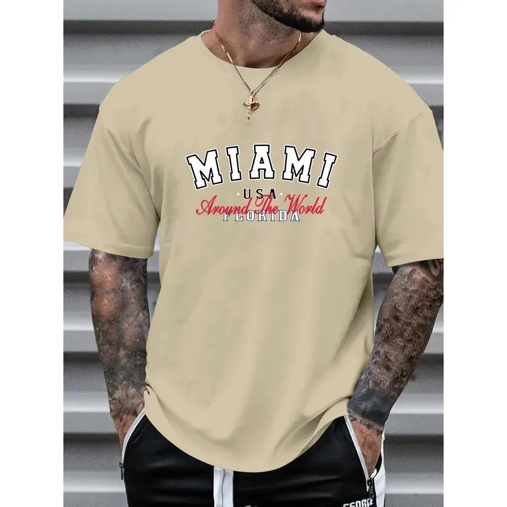 MIAMI Graphic Print Men's Creative Top, Casual Short Sleeve Crew Neck T-shirt, Men's Clothing For Summer Outdoor